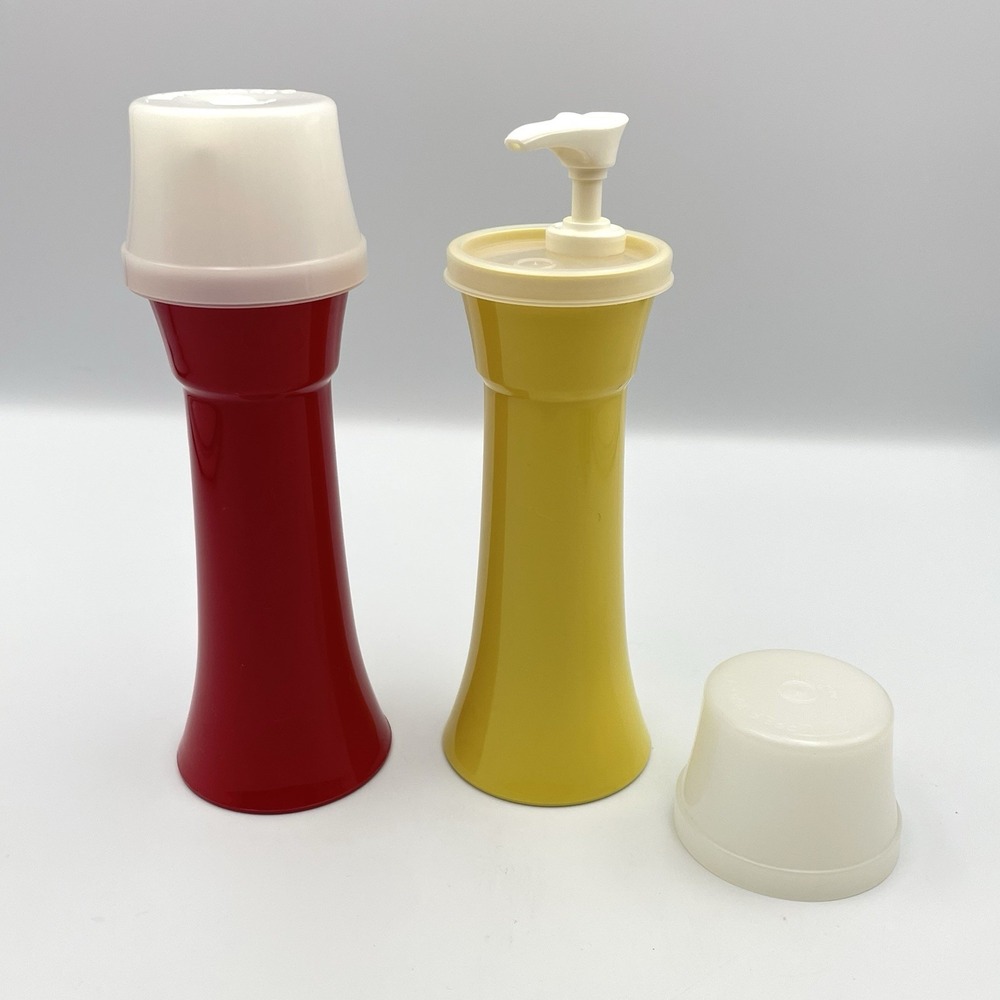 1970s Tupperware Ketchup‎ Mustard Pump Dispensers Red Yellow 7.25" Set